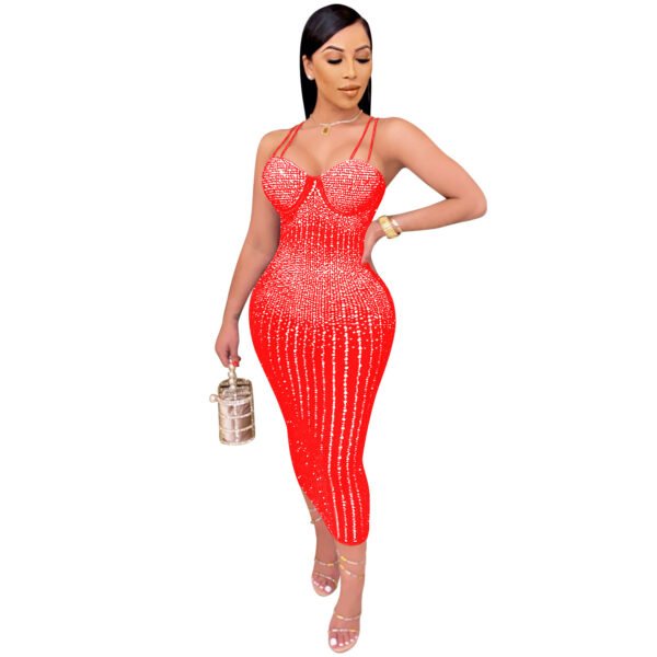 Women's Yarn See-through Rhinestone Strap Dress - Image 5