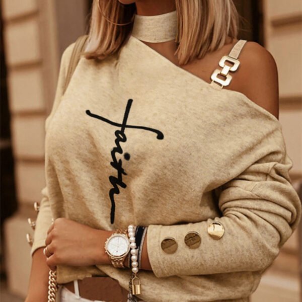 Diagonal Shoulder Chain Embellishment Long Sleeve Top - Image 3