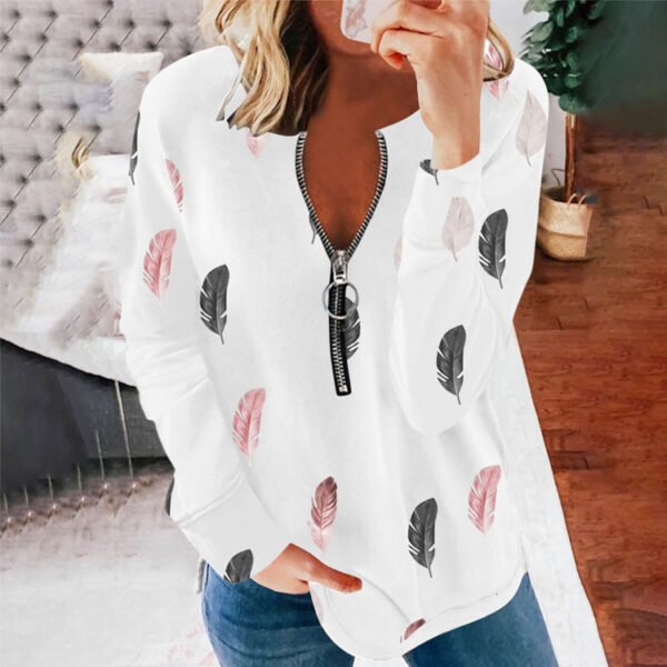 Women's V-neck Zipper Feather Print Long Sleeve Loose T-shirt - Image 2