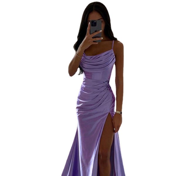 Breast Shrink Pleated Slit Satin Slim-fit Bag Buttock Dress - Image 6