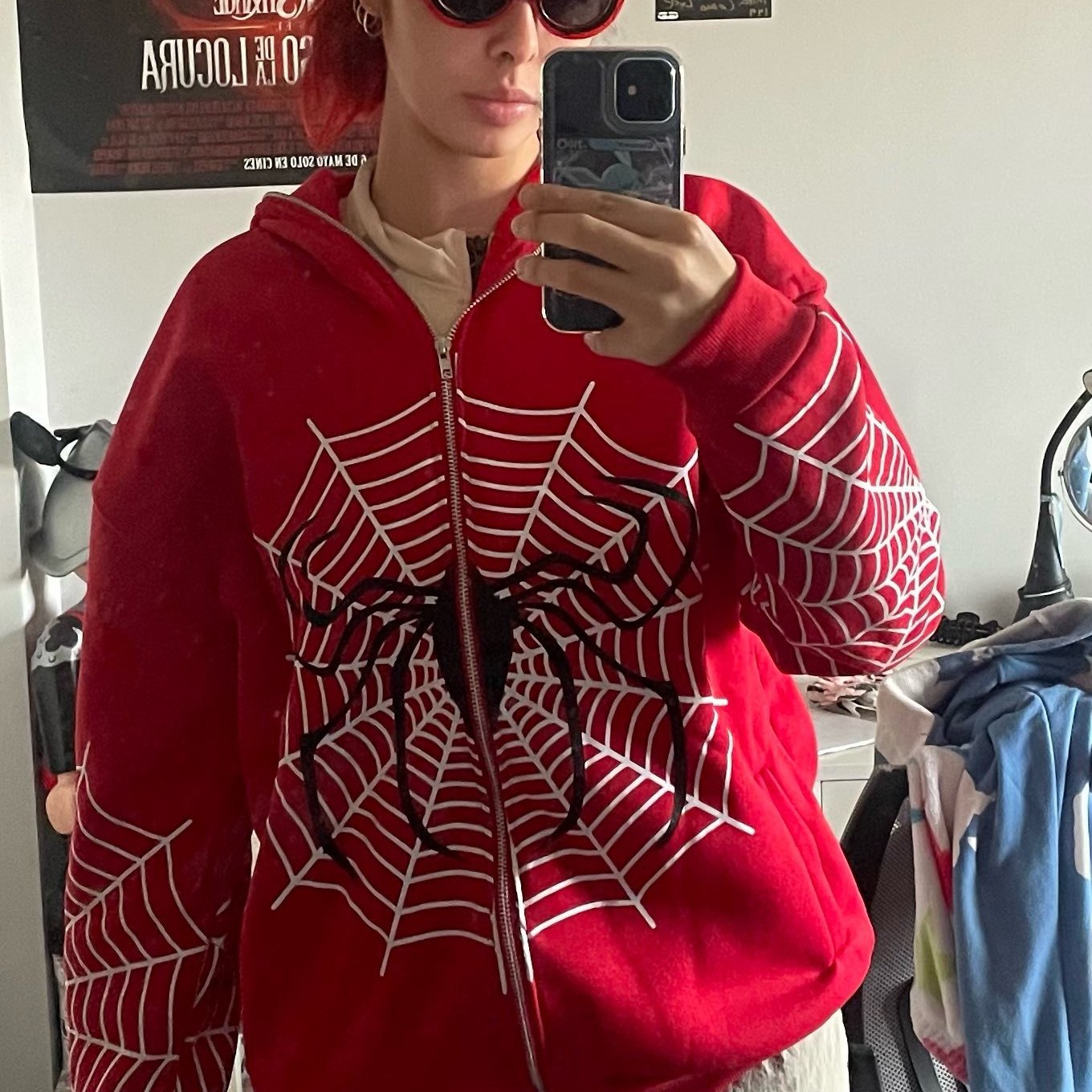 Autumn And Winter Spider Web Printed Street Trendsetter Full Zip Pullover Hoodie