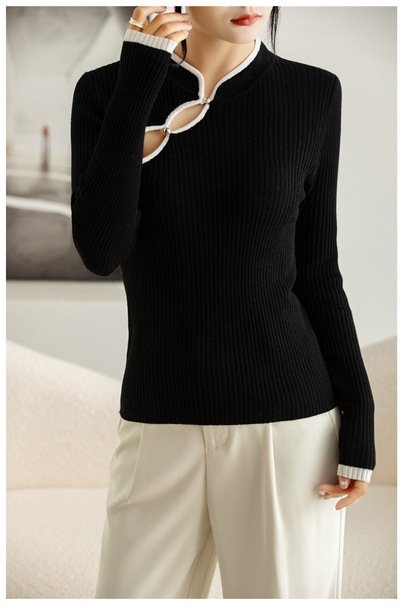 Wool Hollow-out Plate Buckle Stand Collar Design Sweater Thin - Image 6