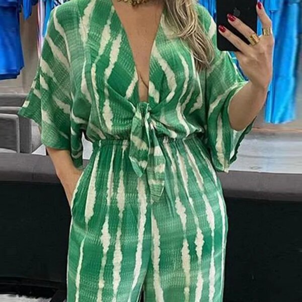 Personalized Print Lace Up V Neck Jumpsuit - Image 4