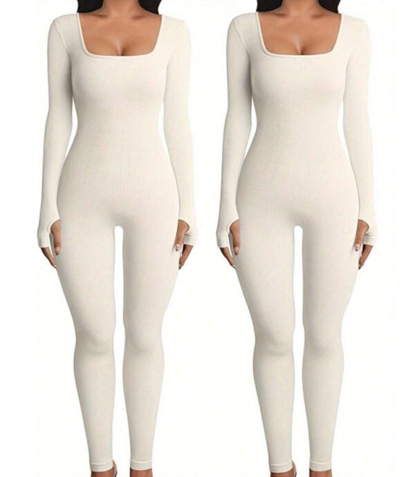 Women's Yoga Sports Fitness Jumpsuit Workout Long Sleeve Square Collar Clothing - Image 5