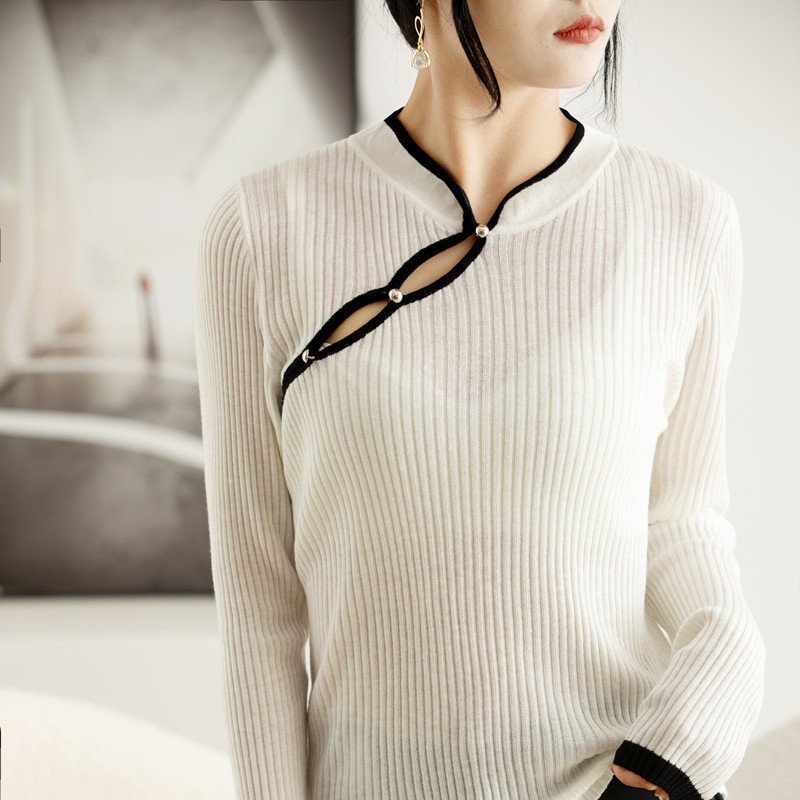 Wool Hollow-out Plate Buckle Stand Collar Design Sweater Thin - Image 2