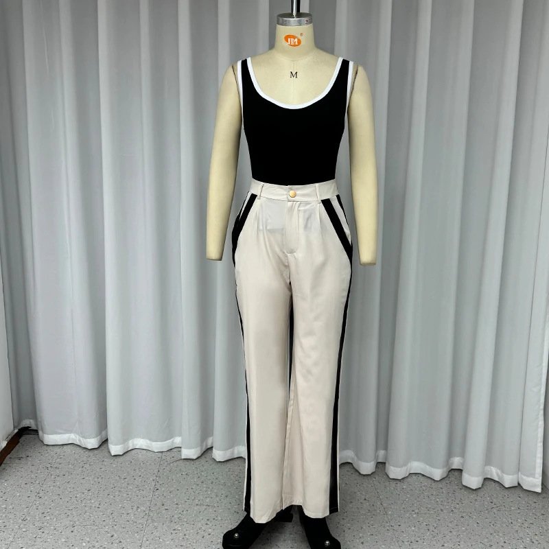 Autumn New Contrast Color Suspenders Slim High Waist Trousers Two-piece Set For Women - Image 8