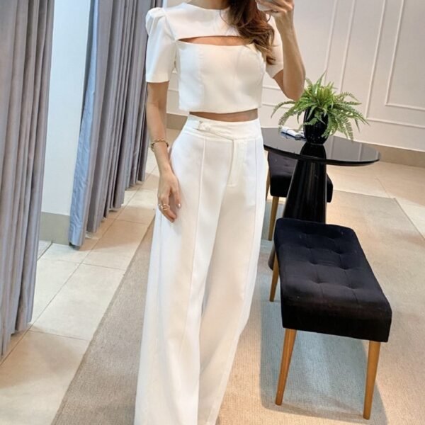 Women's White Short Sleeve Chest Hollow Out Top Suit - Image 3