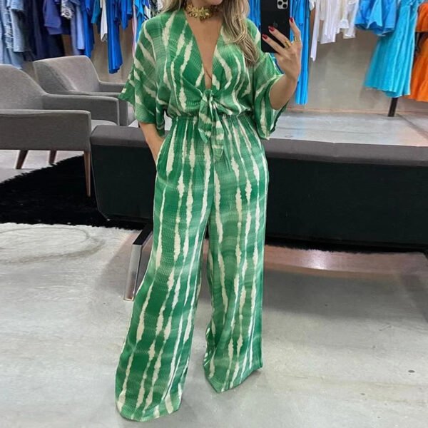 Personalized Print Lace Up V Neck Jumpsuit - Image 3