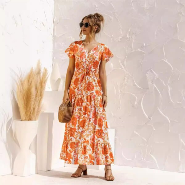 Women's Temperament Short Sleeve V-neck Lace-up Flower Button Dress - Image 3