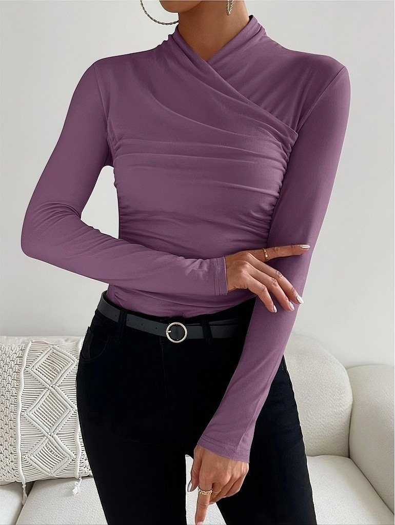 Design Cross Collar Slim Fit All-match Pleating Long Sleeve - Image 5