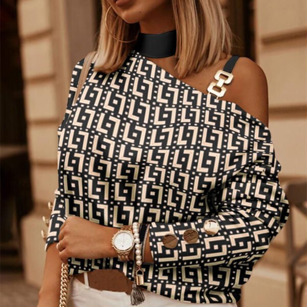 Diagonal Shoulder Chain Embellishment Long Sleeve Top - Image 5