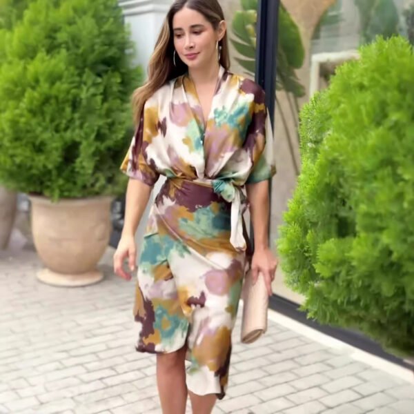 Women's V-neck High Waist Slim Fit Fashion Printed Sheath Dress