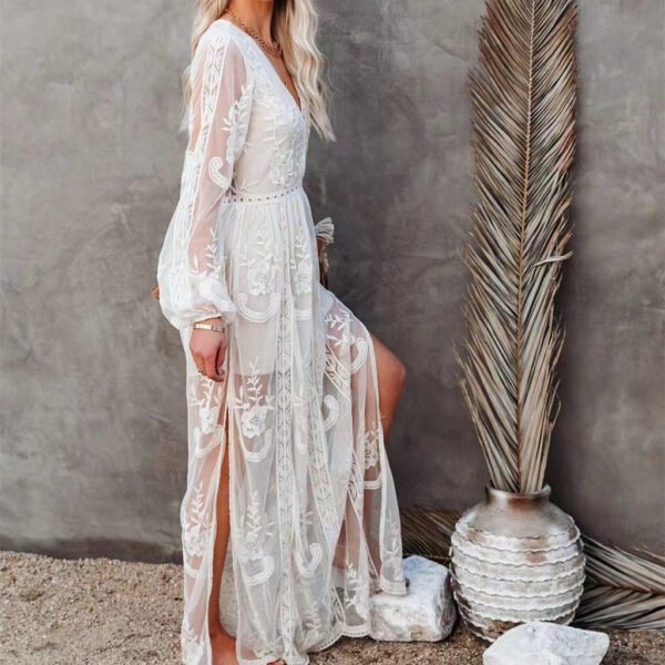 Women's Lace Long Sleeve V Neck Solid Color Dress