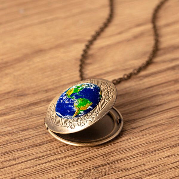 Vintage Bronze Photo Frame Locket Pendant Necklace Earth Panet Globe Glass Necklaces For Women Men - Image 2