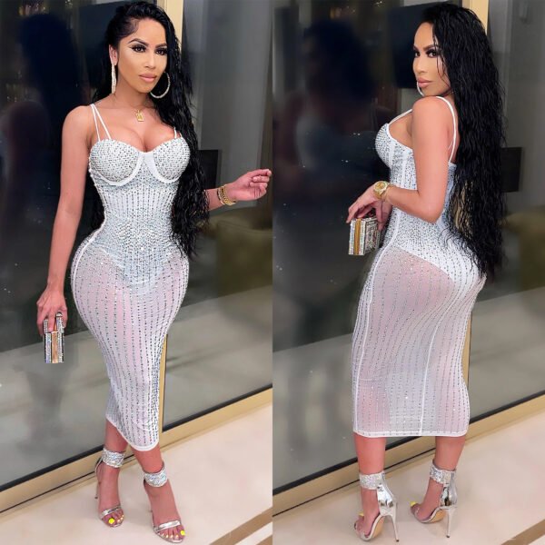 Women's Yarn See-through Rhinestone Strap Dress - Image 7