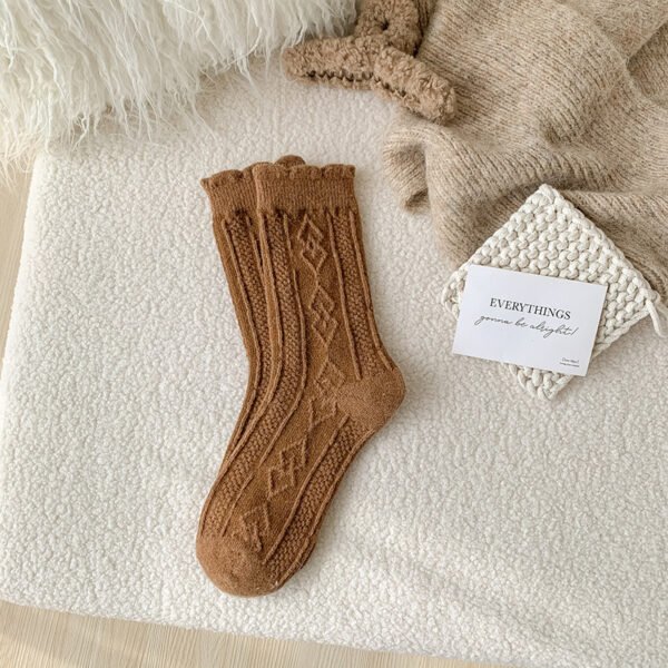 Autumn And Winter Thickening Diamond-shaped Milk Curry Color System Wool Mid-thigh Socks - Image 6