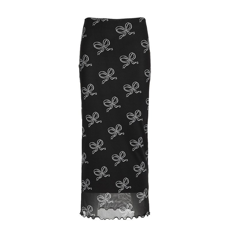 Retro Mesh Bow Printing Stitching Hip Skirt - Image 5