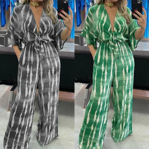 Personalized Print Lace Up V Neck Jumpsuit