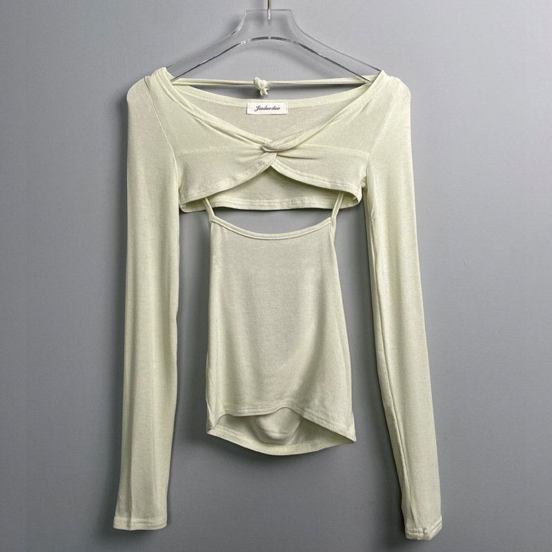 Autumn New Slightly See-through Thin Halter Spaghetti Straps Vest Long Sleeve Shawl Skinny Slimming Sets - Image 8