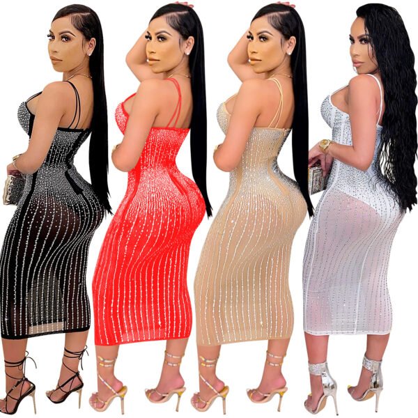 Women's Yarn See-through Rhinestone Strap Dress - Image 2