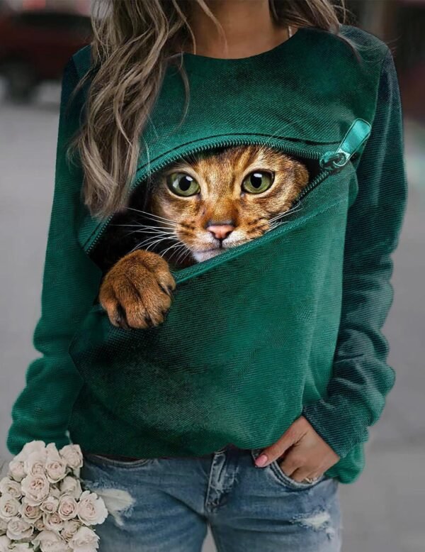 3D Zipper Cat Digital Print Round Neck - Image 3