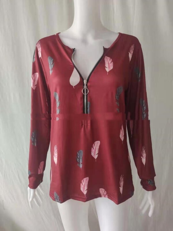 Women's V-neck Zipper Feather Print Long Sleeve Loose T-shirt - Image 5