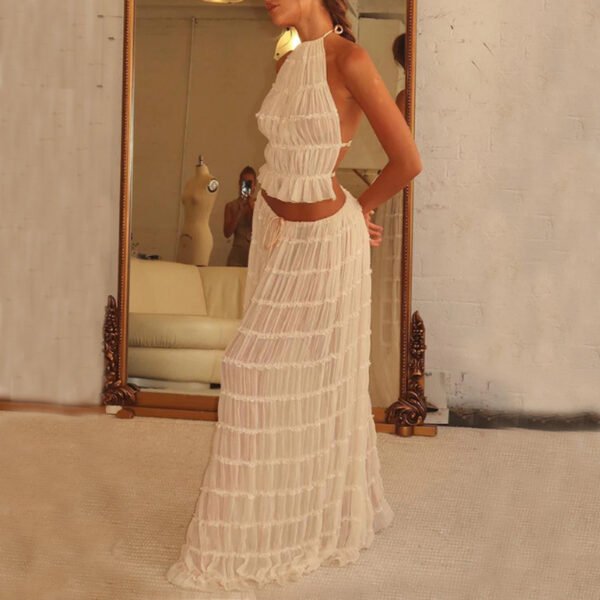 2pcs Women's Dress Suit Sexy Sleeveless Backless Cropped Halter Top And Pleated Long Skirt Beach Clothing - Image 5