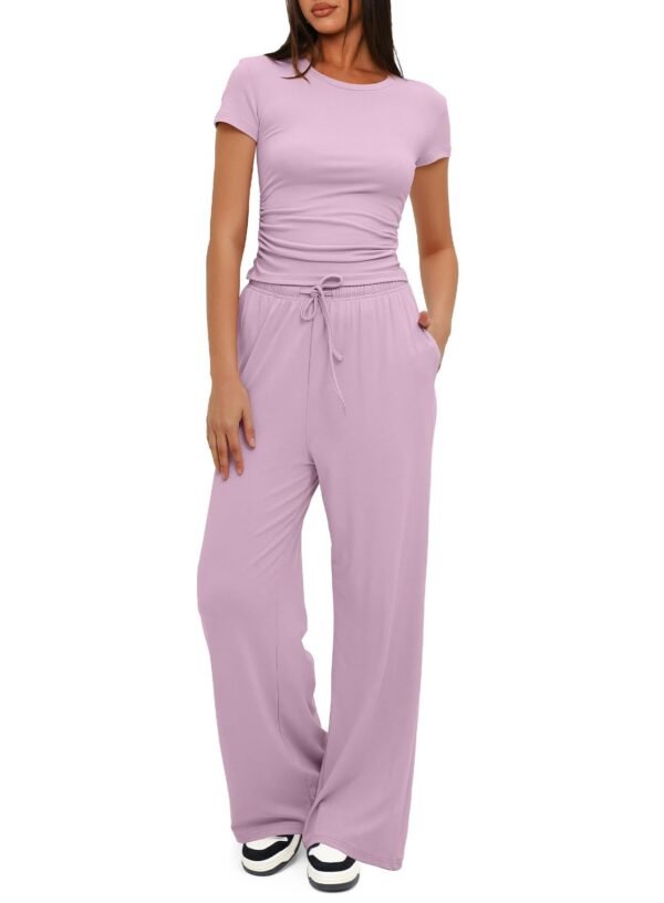 2pcs Solid Color Casual Sports Yoga Suit Short-sleeved Top And High-waisted Drawstring Wide-leg Pants Summer Fashion Set For Womens Clothing - Image 2
