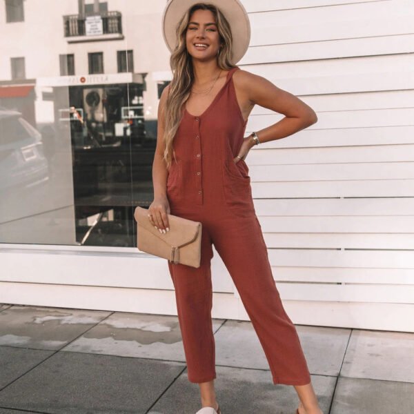 Beauty Clothing Solid Color Buttons Casual Jumpsuit - Image 7