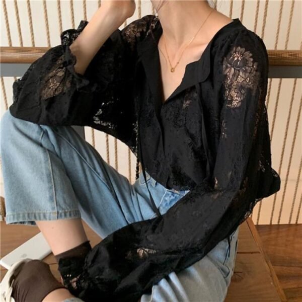 Women's Thin Oversize Long Sleeve Hollow Lace Bottoming Shirt - Image 6