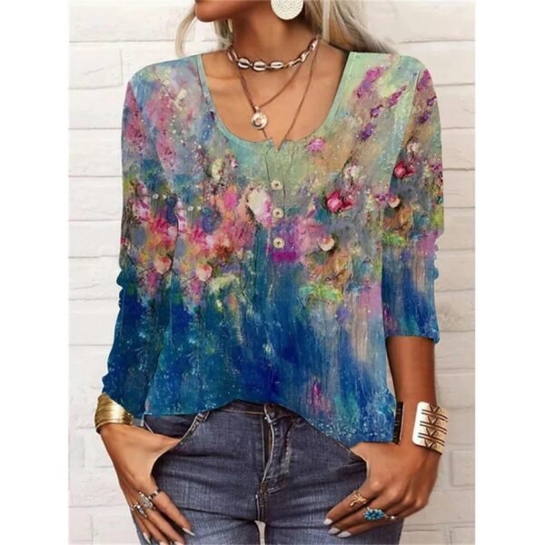 Autumn And Winter Loose Long Sleeve Geometric Flower Mang U Neck Button T-shirt For Women - Image 6