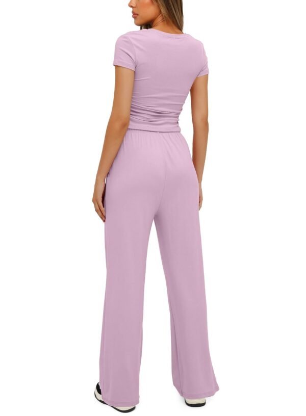 2pcs Solid Color Casual Sports Yoga Suit Short-sleeved Top And High-waisted Drawstring Wide-leg Pants Summer Fashion Set For Womens Clothing - Image 3