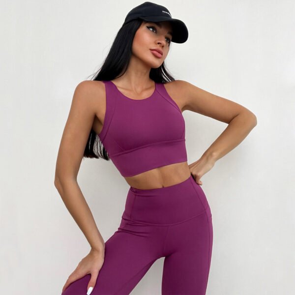 Popular Nude Fabric Sports Tank Top High Waist Pants Double Pocket Yoga Suit Set - Image 4